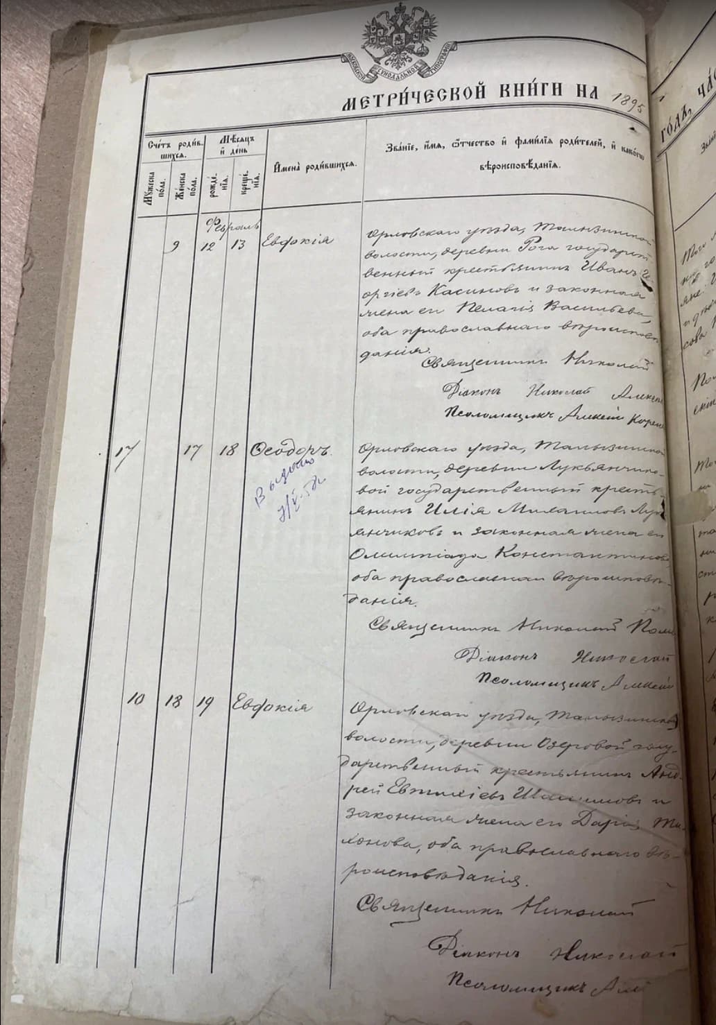 Страница метрической книги 1895 года